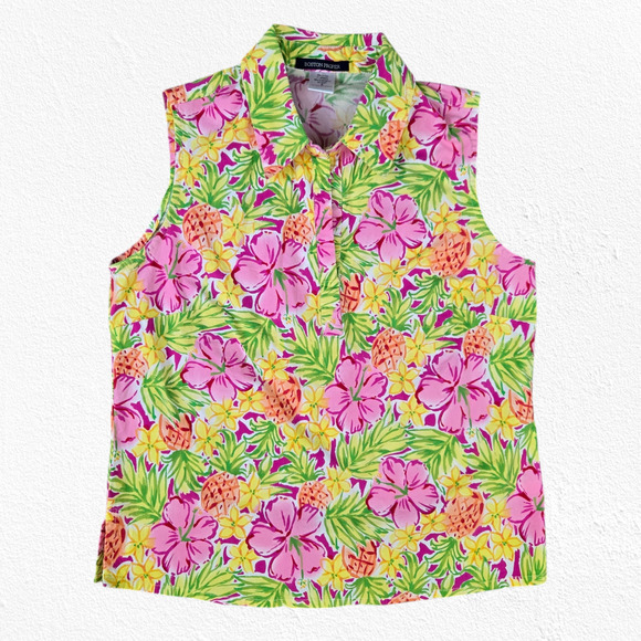 Boston Proper Yellow Tropical V Neck Sleeveless Island Collared Top Size Small - Picture 1 of 7